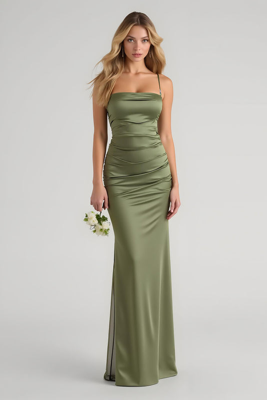 Simple Olive Spaghetti Straps Satin Long Bridesmaid Dress