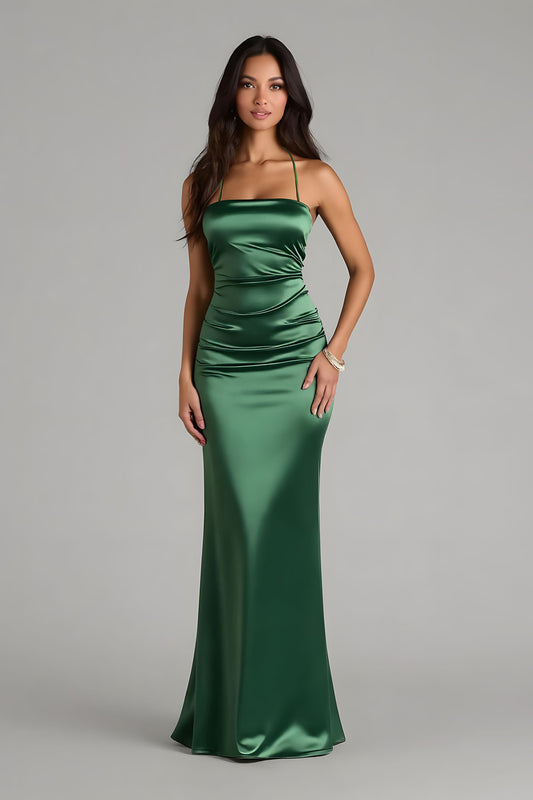 Dark Green Satin Sheath Spaghetti Straps Ruched Long Bridesmaid Dress