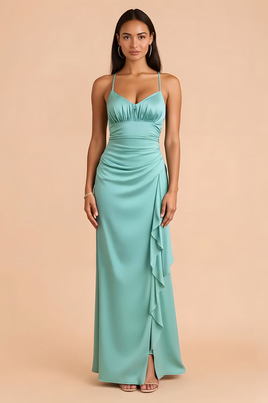 Mint Green Sheath Spaghetti Straps Long Bridesmaid Dress with Ruffles