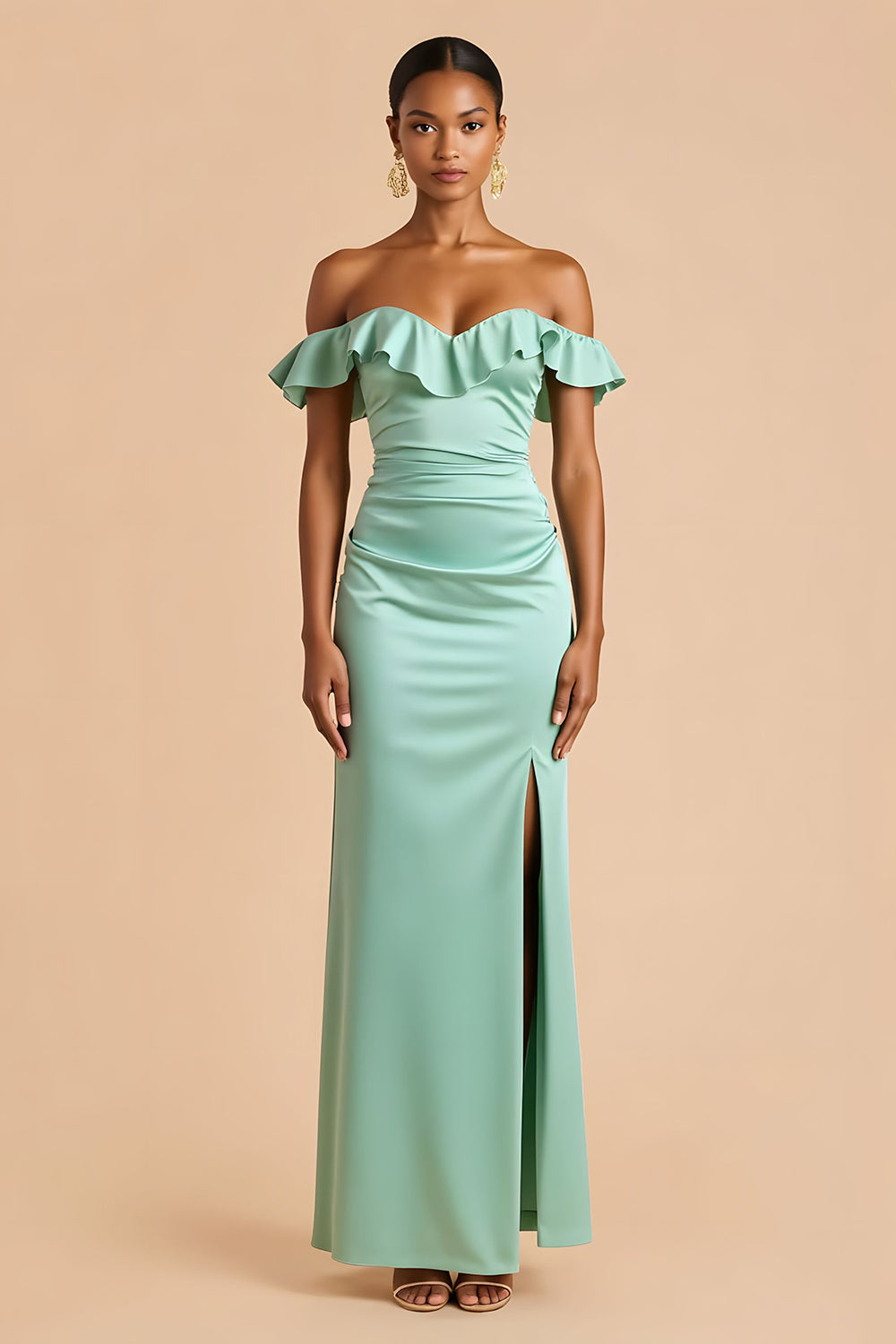 Zapakasa Women Mint Green Long Bridesmaid Dress with Ruffles Sheath Off The Shoulder Ruched Wedding Guest Dress with Slit Zapakasa Women Mint Green Long Bridesmaid Dress with Ruffles Sheath Off The Shoulder Ruched Wedding Guest Dress with Slit