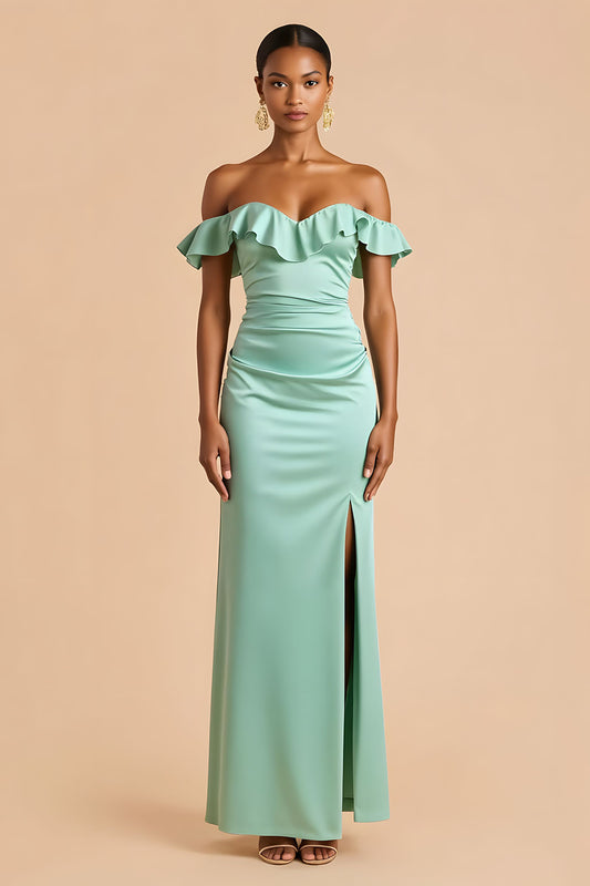 Mint Green Ruffled Off The Shoulder Long Bridesmaid Dress with Slit