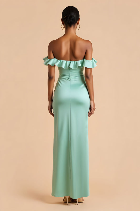 Mint Green Ruffled Off The Shoulder Long Bridesmaid Dress with Slit