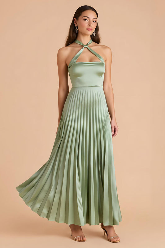 Sage Green Satin A Line Halter Pleated Long Bridesmaid Dress