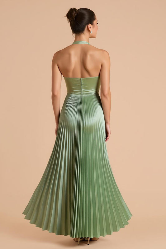 Sage Green Satin A Line Halter Pleated Long Bridesmaid Dress