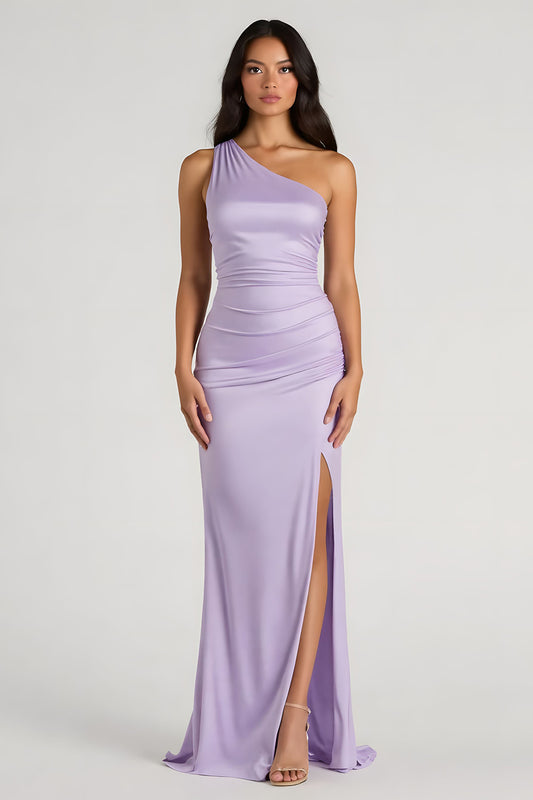 Lilac Spandex One Shoulder Sheath Long Bridesmaid Dress with Slit