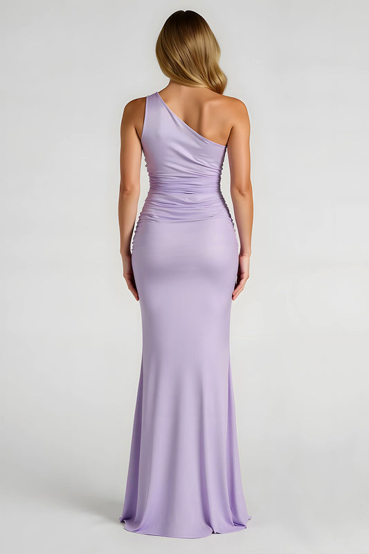 Lilac Spandex One Shoulder Sheath Long Bridesmaid Dress with Slit