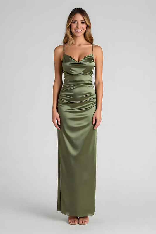 Olive Satin Spaghetti Straps Long Sheath Bridesmaid Dress