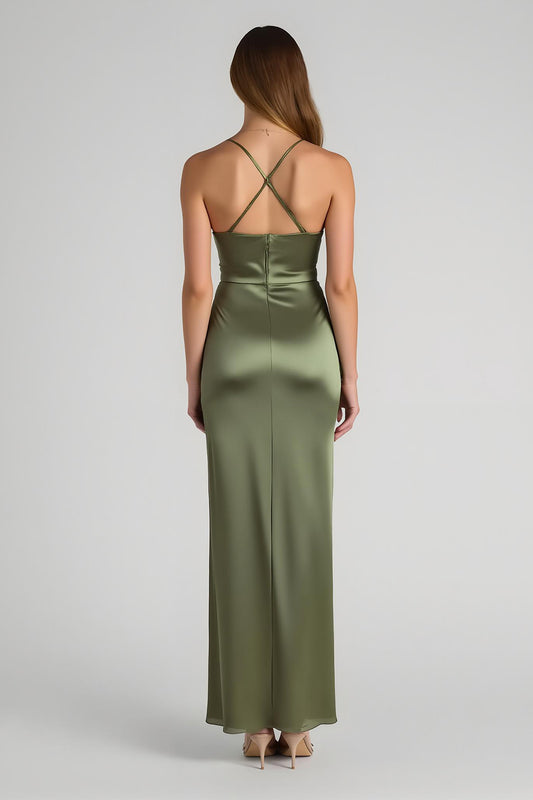 Olive Satin Spaghetti Straps Long Sheath Bridesmaid Dress