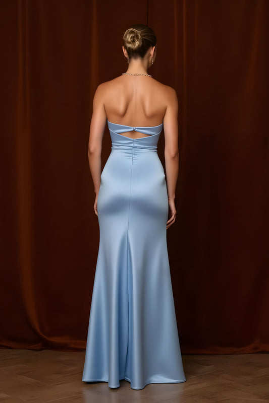 Light Blue Satin Mermaid Strapless Long Bridesmaid Dress