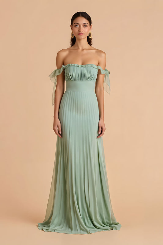 Sage Green A Line Chiffon Pleated Long Bridesmaid Dress with Ruffles