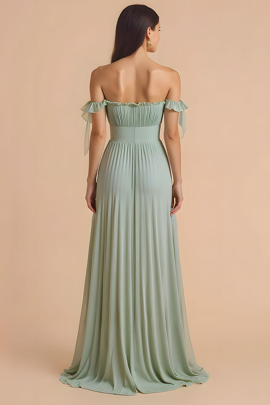 Sage Green A Line Chiffon Pleated Long Bridesmaid Dress with Ruffles