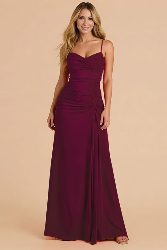 Cabernet Ruched Spaghetti Straps Long Bridesmaid Dress