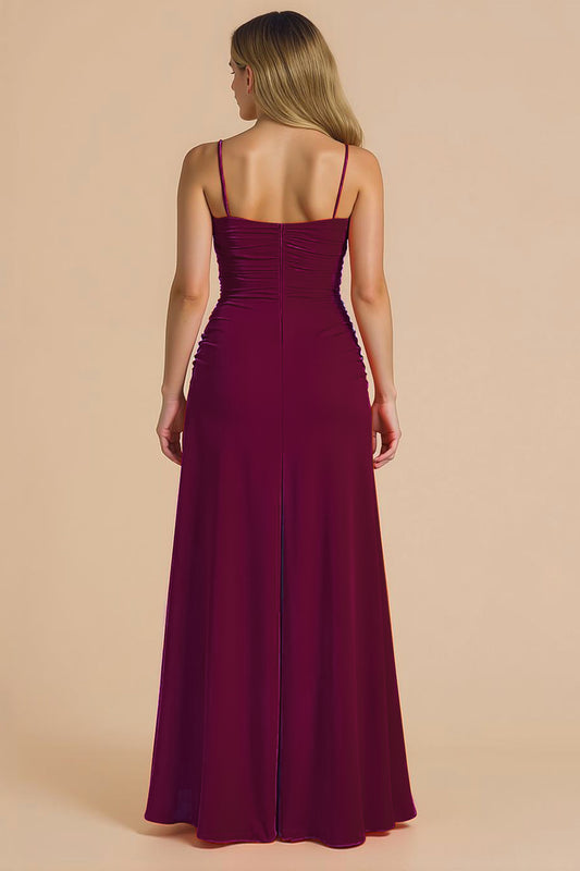 Cabernet Ruched Spaghetti Straps Long Bridesmaid Dress