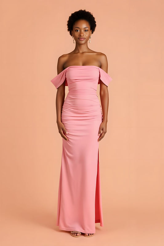 Pink Chiffon Sheath Off The Shoulder Long Bridesmaid Dress with Slit