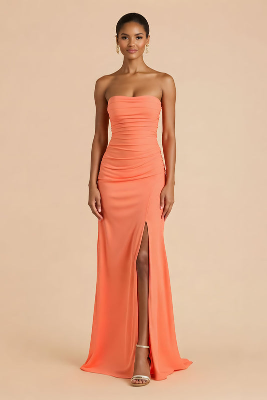 Orange Sheath Chiffon Ruched Strapless Long Bridesmaid Dress with Slit