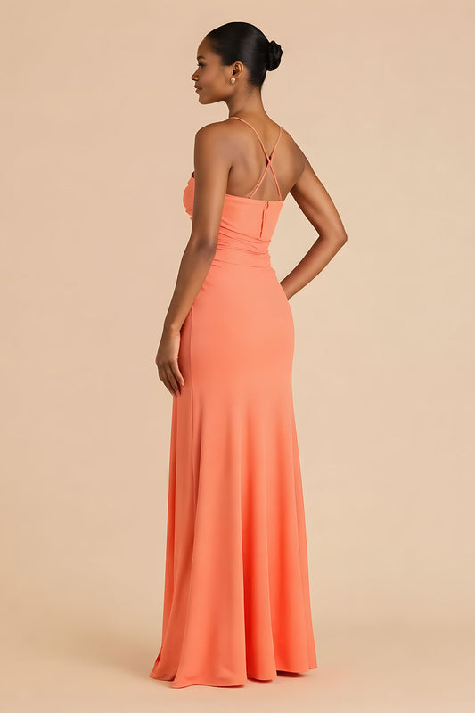 Orange Sheath Chiffon Ruched Strapless Long Bridesmaid Dress with Slit