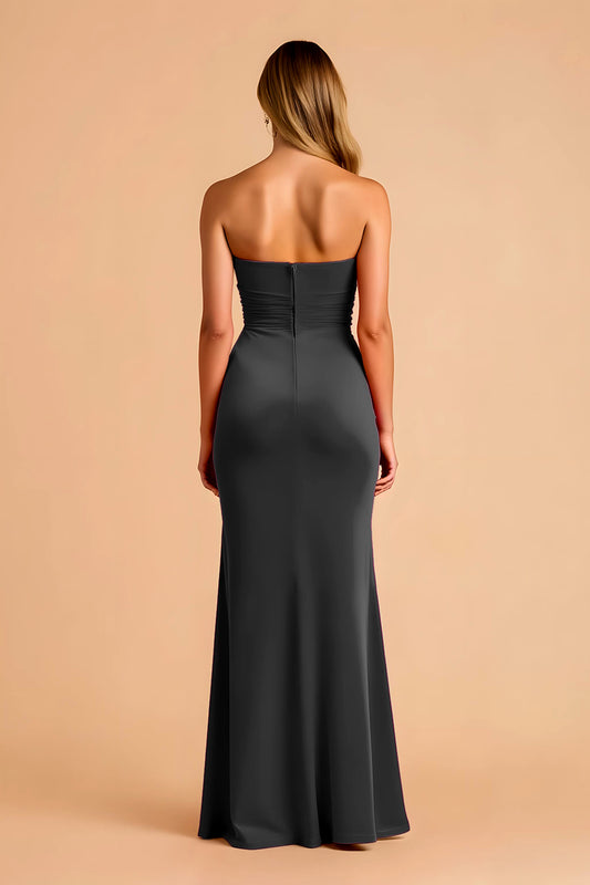 Black Sheath Strapless Ruched Long Bridesmaid Dress