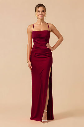 Cabernet Sheath Spaghetti Straps Long Bridesmaid Dress with Slit