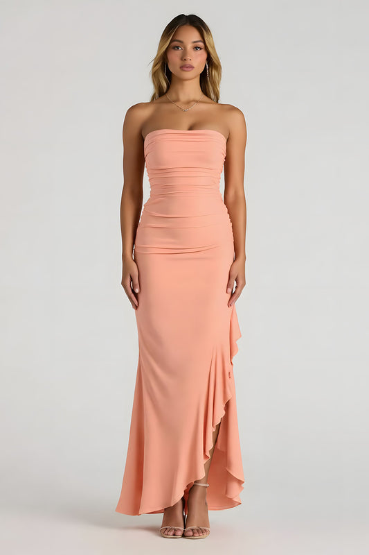 Sunset Sheath Chiffon Strapless Long Bridesmaid Dress with Ruffles
