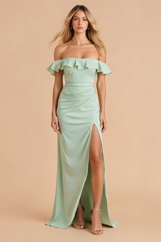 Light Green Sheath Chiffon Off The Shoulder Long Bridesmaid Dress with Slit