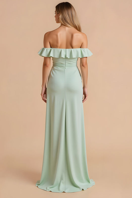 Light Green Sheath Chiffon Off The Shoulder Long Bridesmaid Dress with Slit