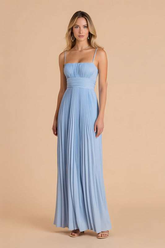 Light Blue A Line Chiffon Spaghetti Straps Long Bridesmaid Dress