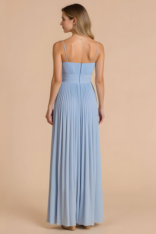 Light Blue A Line Chiffon Spaghetti Straps Long Bridesmaid Dress