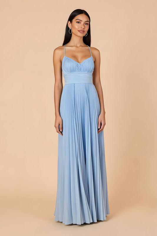 Light Blue Chiffon A Line Spaghetti Straps Long Bridesmaid Dress