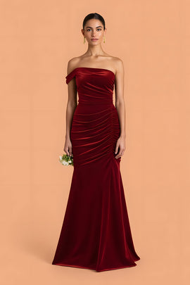 Burgundy Velvet Mermaid One Shoulder Ruched Long Bridesmaid Dress