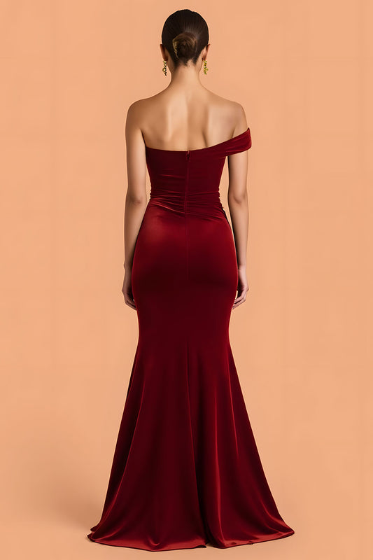 Burgundy Velvet Mermaid One Shoulder Ruched Long Bridesmaid Dress
