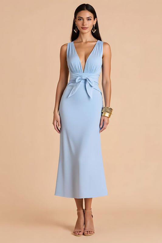 Light Blue Mermaid V-Neck Long Bridesmaid Dress with Bow