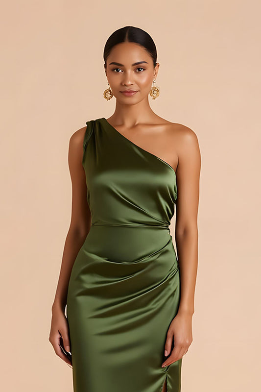 Olive Satin Sheath One Shoulder Ruched Midi Bridesmaid Dress with Slit