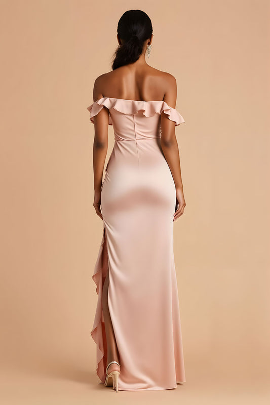 Candy Pink Chiffon Sheath Off The Shoulder Long Bridesmaid Dress with Ruffles