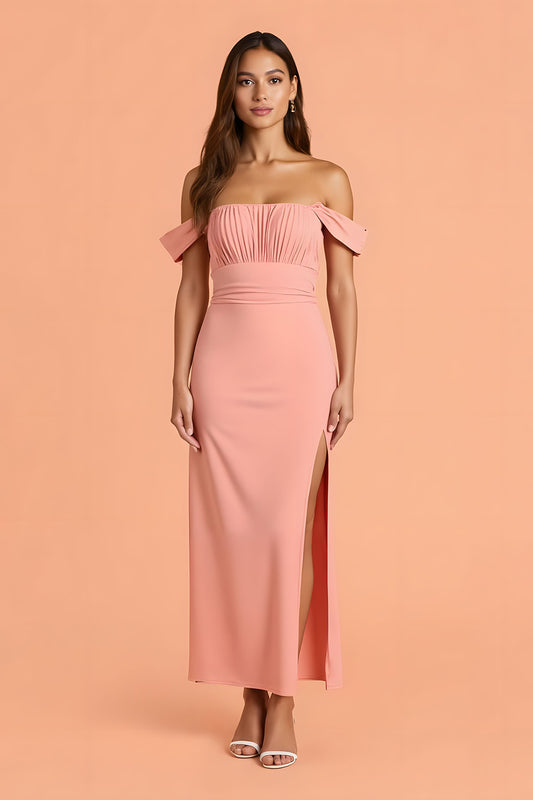 Blush Chiffon Sheath Off The Shoulder Long Bridesmaid Dress with Slit