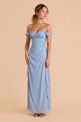 Light Blue Chiffon Sheath Cold Shoulder Long Bridesmaid Dress with Ruffles