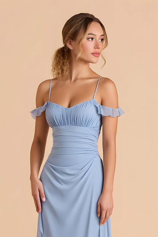 Light Blue Chiffon Sheath Cold Shoulder Long Bridesmaid Dress with Ruffles