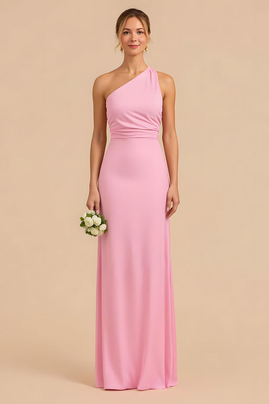 Candy Pink Chiffon Sheath One Shoulder Long Bridesmaid Dress