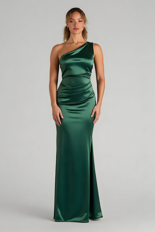 Dark Green Satin Sheath One Shoulder Ruched Long Bridesmaid Dress