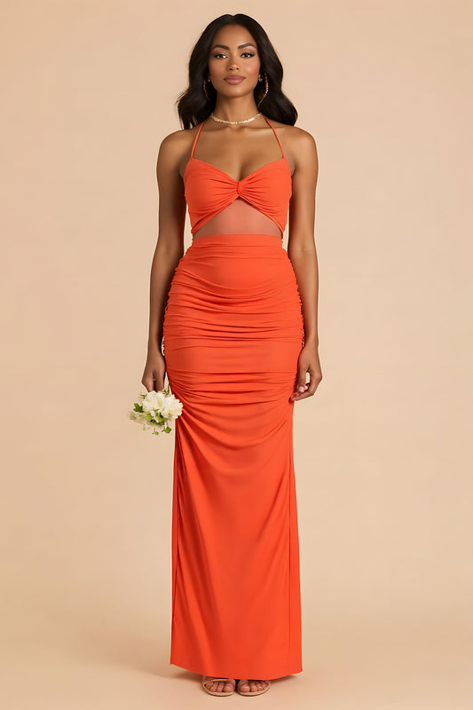 Orange Sheath Cut Out Ruched Long Bridesmaid Dress