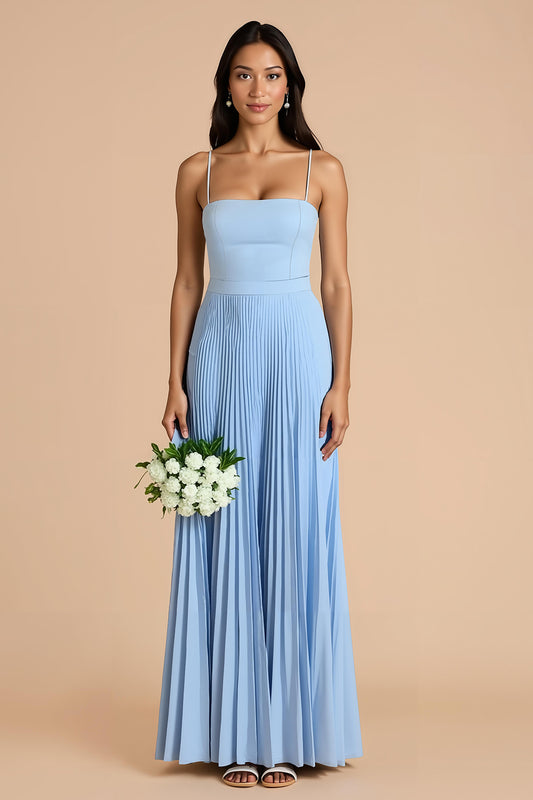 Sky Blue A Line Chiffon Pleated Spaghetti Straps Long Bridesmaid Dress