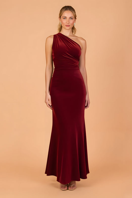 Cabernet One Shoulder Velvet Mermaid Ruched Long Bridesmaid Dress