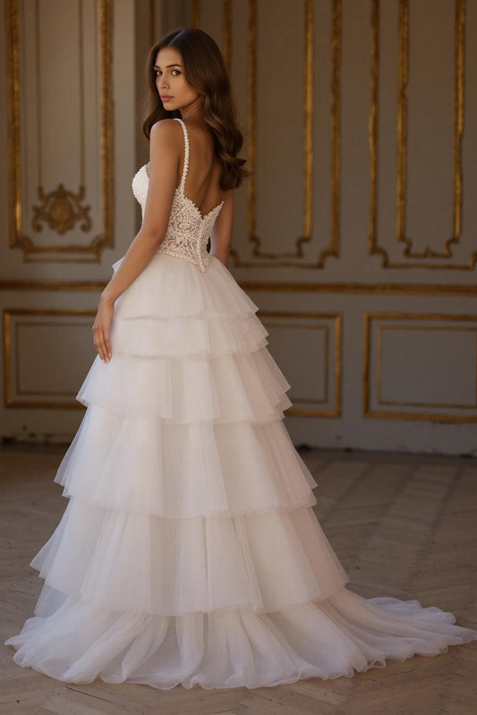 Ivory Tulle Ruffled A Line Tiered Sweep Train Wedding Dress with Slit