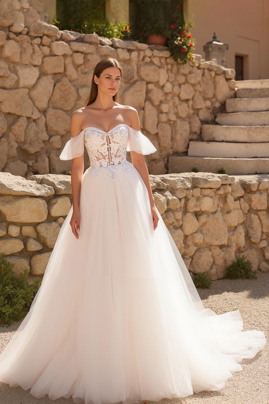 Ivory Tulle Off the Shoulder Sweep Train Wedding Dress with Lace