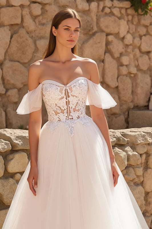 Ivory Tulle Off the Shoulder Sweep Train Wedding Dress with Lace