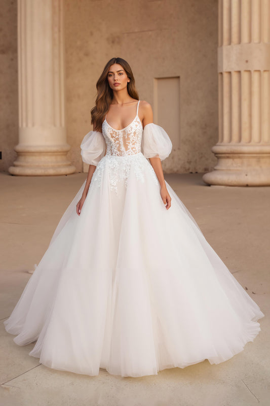 Ivory Ball Gown Spaghetti Straps Sweep Train Wedding Dress with Lace