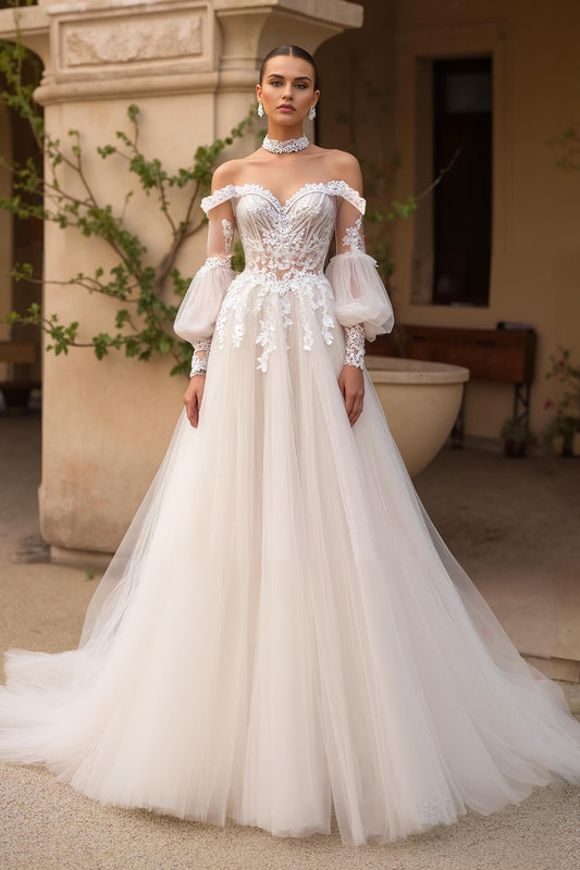 Ivory Off the Shoulder Tulle Sweep Train Wedding Dress with Sleeves