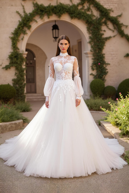 Ivory Tulle Ball Gown High Neck Sweep Train Wedding Dress with Lace