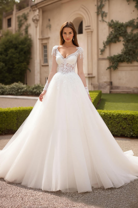 Ivory Tulle V-Neck Ball Gown Sweep Train Wedding Dress with Lace