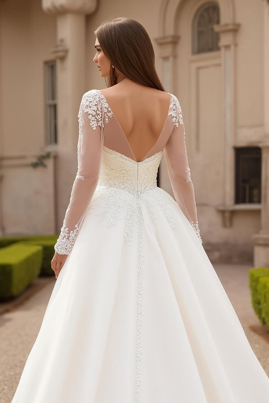 Ivory Tulle V-Neck Ball Gown Sweep Train Wedding Dress with Lace