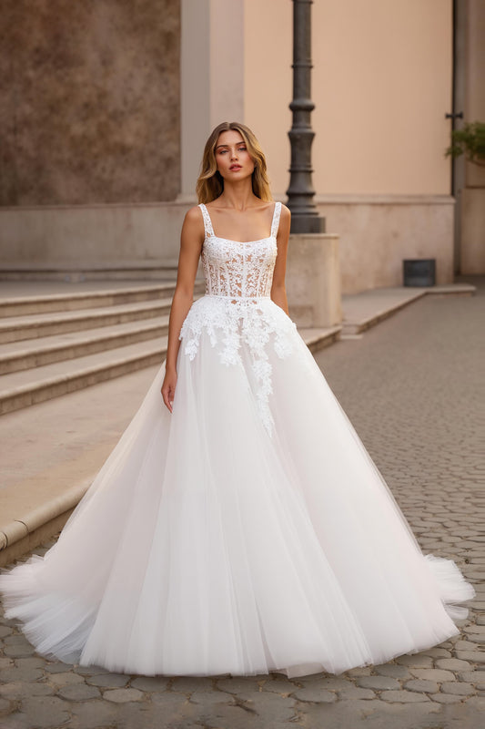 Ivory Tulle Square Neck Ball Gown Sweep Train Wedding Dress with Lace